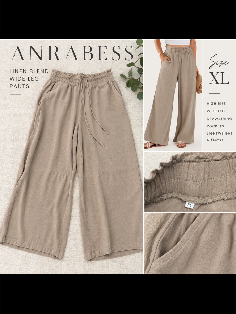 ANRABESS High-Rise Linen-Blend Wide Leg Pants - Taupe
